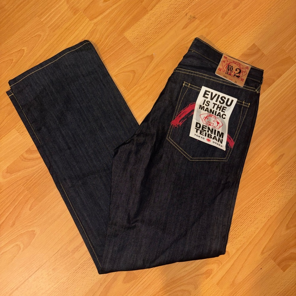DS Evisu no2 Straight-Leg Raw Indigo Jeans with Red & White Pocket Brush Size 34